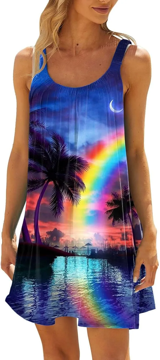 Eduavar Summer Dresses for Women, Boho Dresses for Women 2024 Casual Printing Vest Dress Summer Loose Fit Sleeveless Sundress