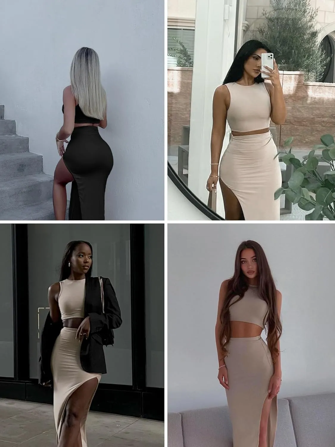 ELLEVEN Sexy 2 Piece Maxi Skirt Sets for Women - Knit Bodycon Crop Tank Top and High Slit Skirt Dress Set, Summer Outfits