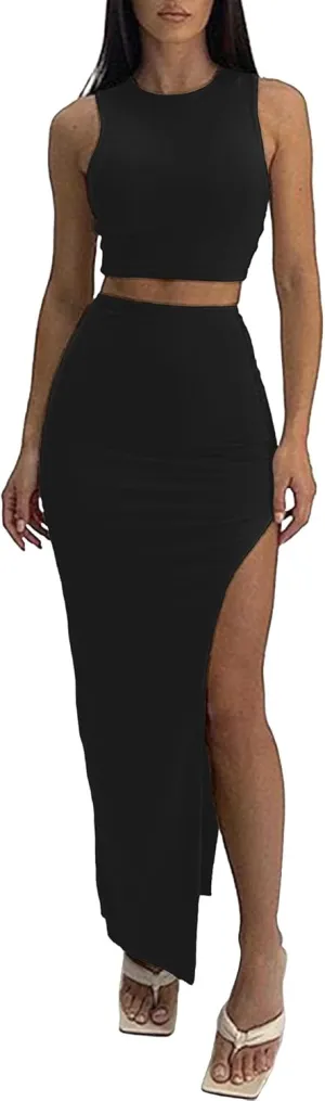 ELLEVEN Sexy 2 Piece Maxi Skirt Sets for Women - Knit Bodycon Crop Tank Top and High Slit Skirt Dress Set, Summer Outfits