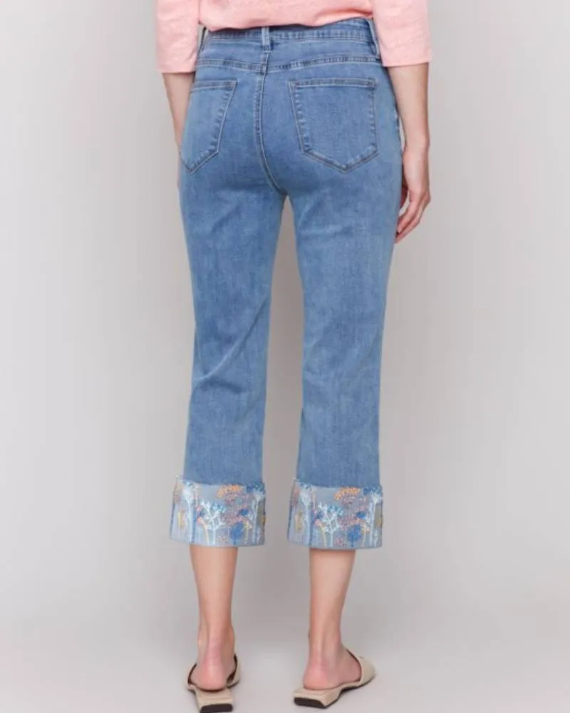 Embroidered Cuff Stretch Denim Pants
