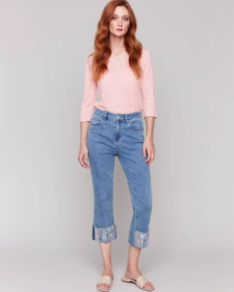 Embroidered Cuff Stretch Denim Pants