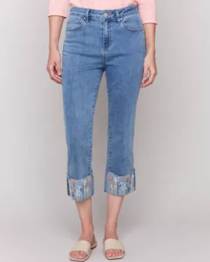 Embroidered Cuff Stretch Denim Pants