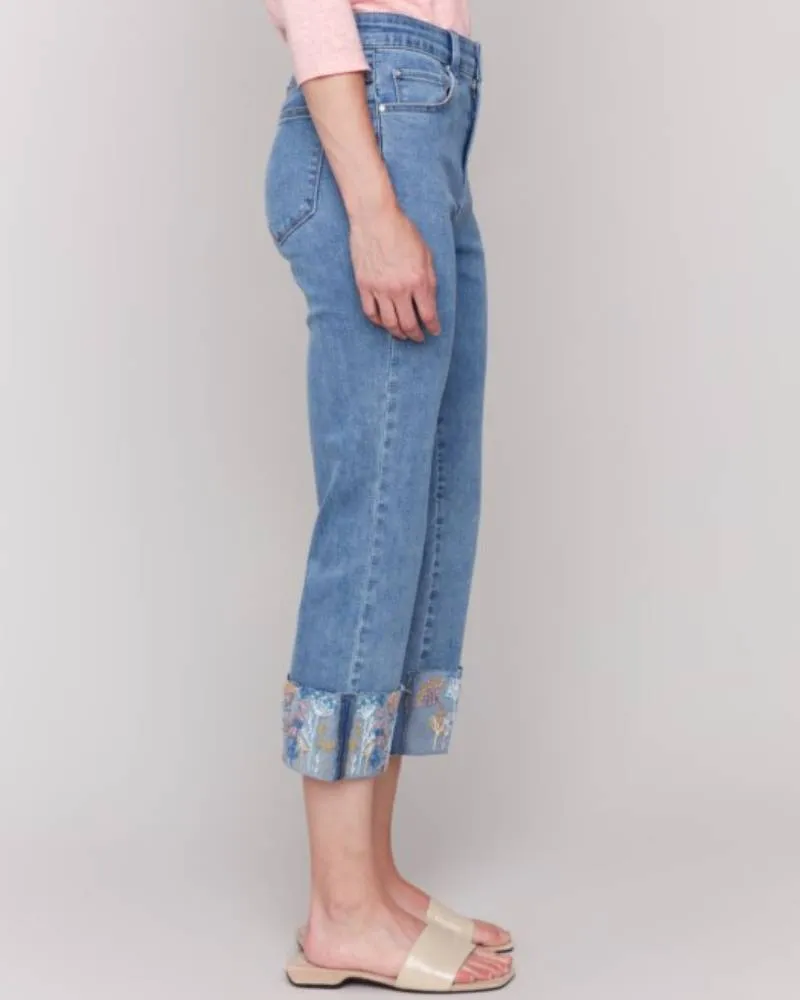 Embroidered Cuff Stretch Denim Pants