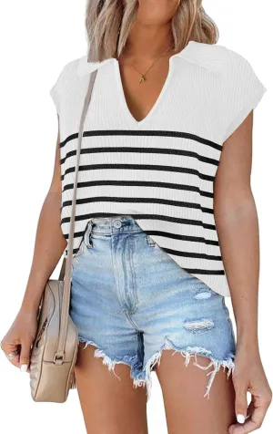 ETCYY Womens Cap Sleeve Sweaters Tops 2025 Striped Sleeveless Vest Color Block Knit Clothes Summer V Neck Short Sleeve Shirts