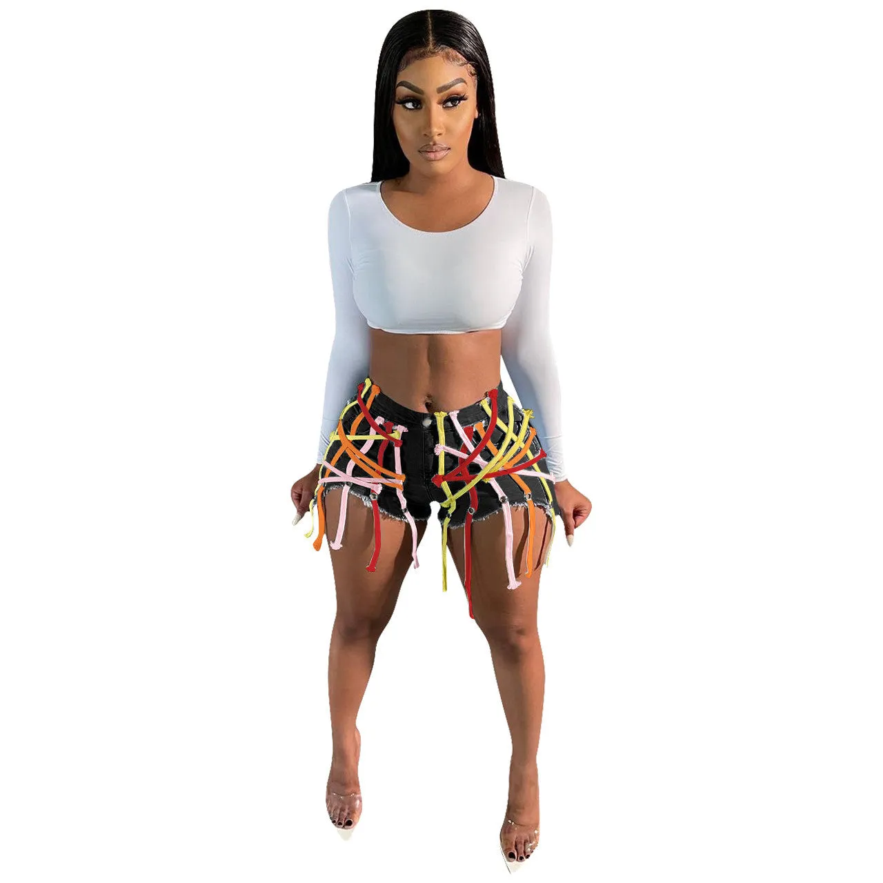 European And American Women's Clothing Corns Lace-up Elastic Washed Denim Shorts
