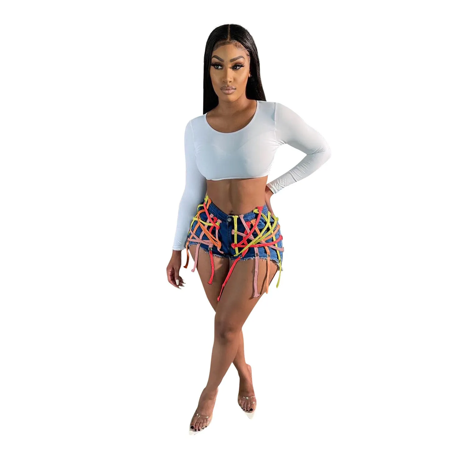 European And American Women's Clothing Corns Lace-up Elastic Washed Denim Shorts