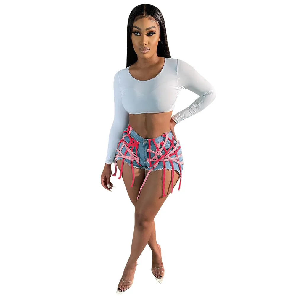 European And American Women's Clothing Corns Lace-up Elastic Washed Denim Shorts