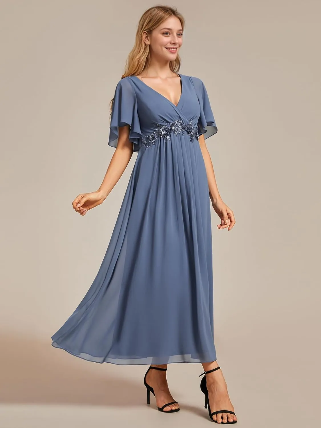 Ever-Pretty Women's Cocktail Dresses V Neck A-Line Elastic High Waist Wedding Guest Evening Party Maxi Dress 02093