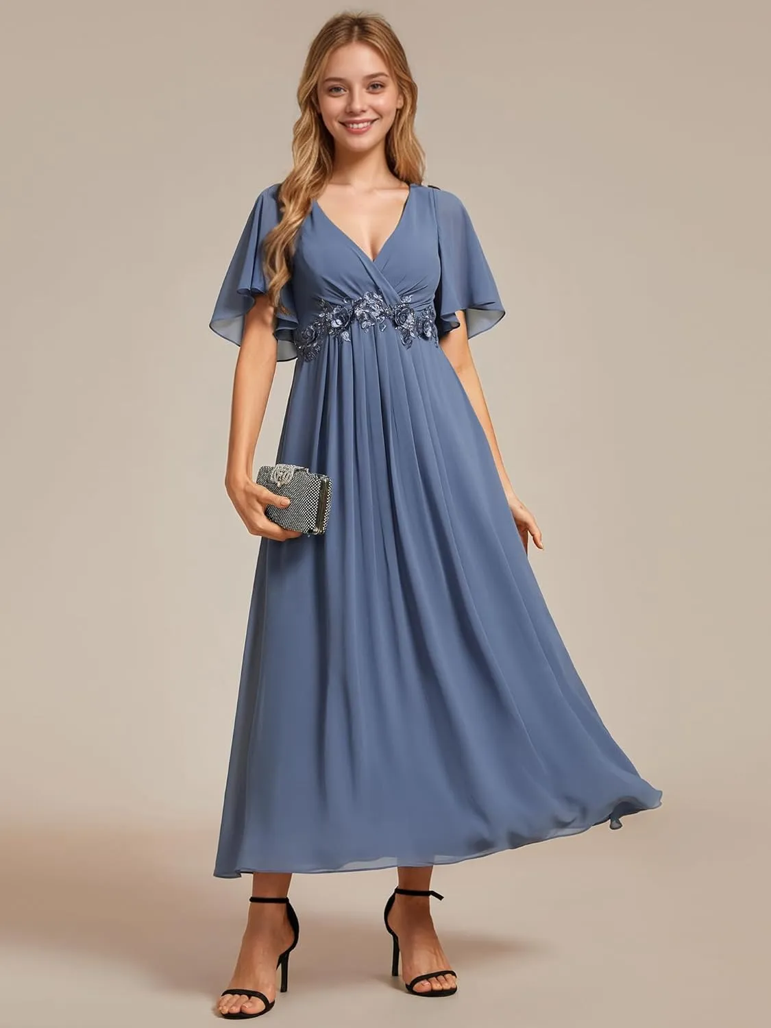 Ever-Pretty Women's Cocktail Dresses V Neck A-Line Elastic High Waist Wedding Guest Evening Party Maxi Dress 02093