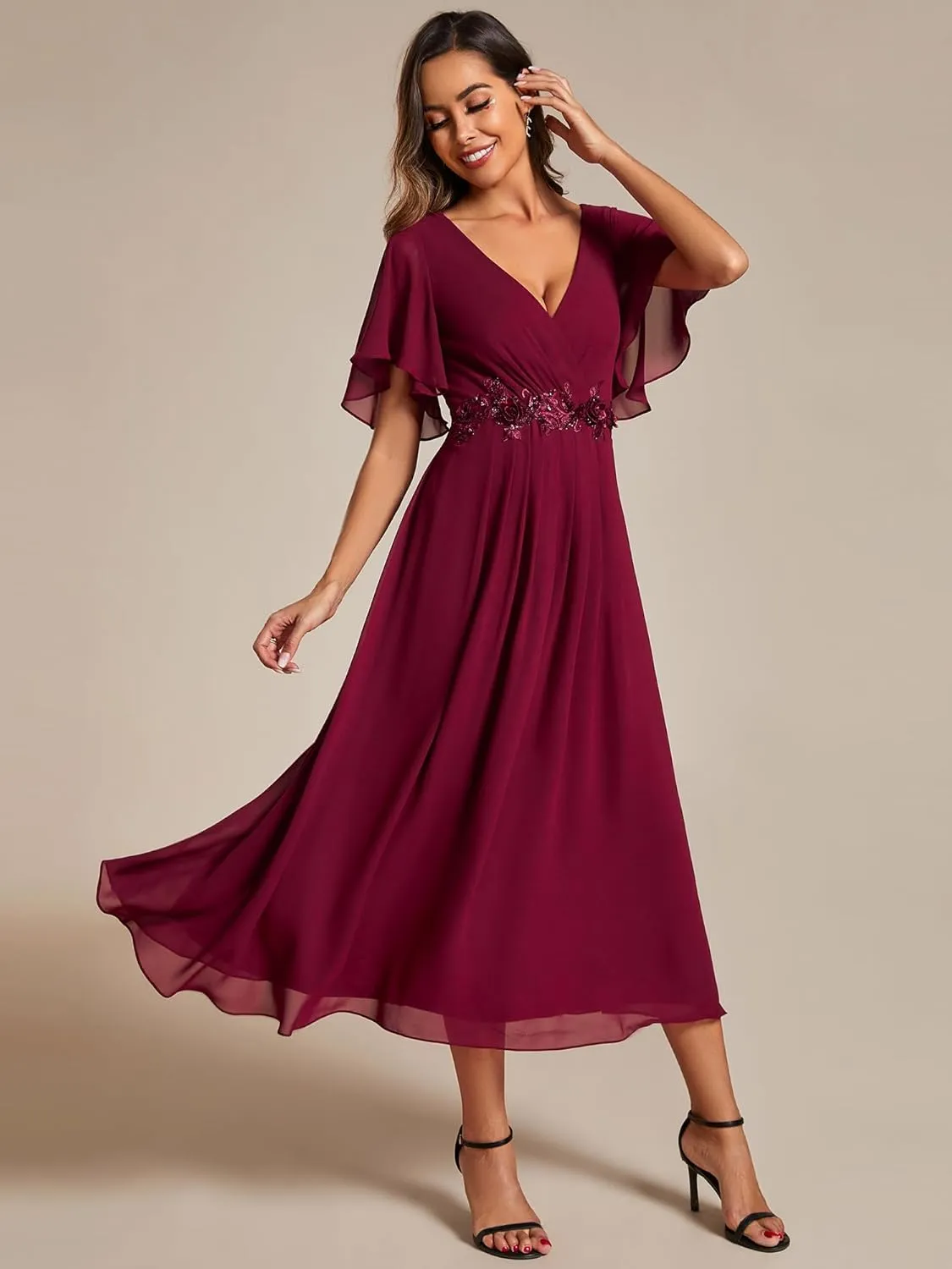 Ever-Pretty Women's Cocktail Dresses V Neck A-Line Elastic High Waist Wedding Guest Evening Party Maxi Dress 02093