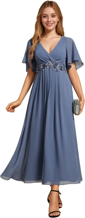 Ever-Pretty Women's Cocktail Dresses V Neck A-Line Elastic High Waist Wedding Guest Evening Party Maxi Dress 02093