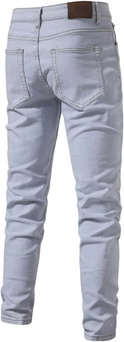 evzosrz Men's Trendy Skinny Slim Fit Jeans Straight Fit Washed Denim Pants Elastic Waist Casual Denim Pull Up Jeans