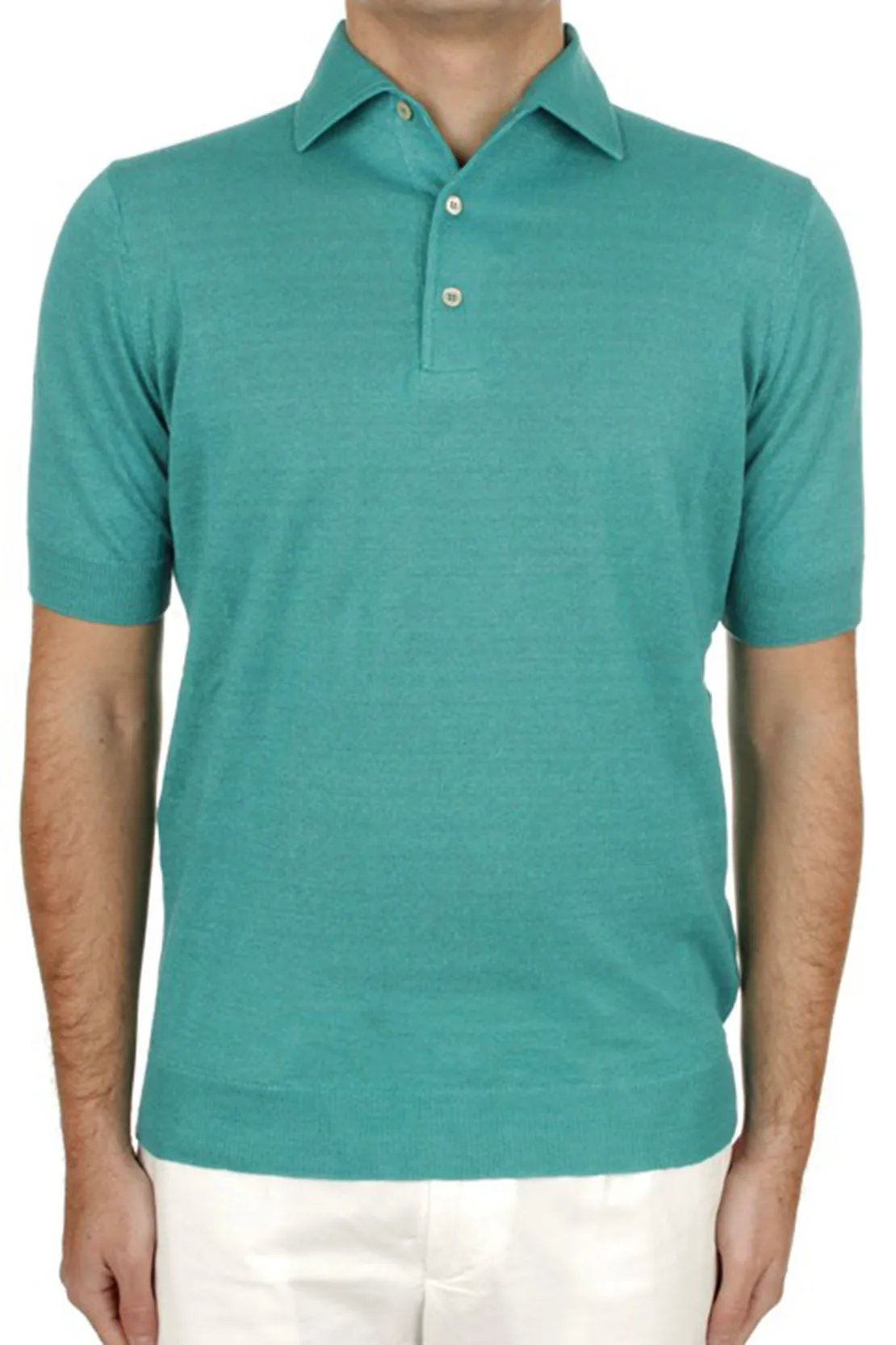 FILIPPO DE LAURENTIIS - Turquoise Knitted Linen and Cotton Blend Polo Shirt