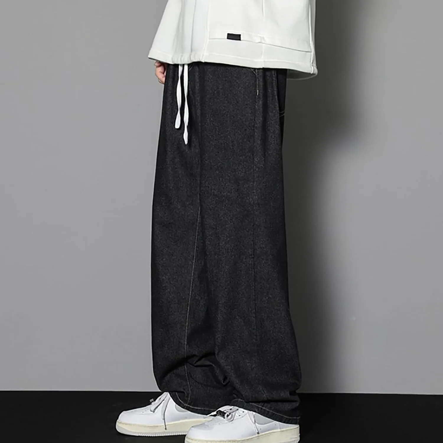 Finelylove Baggy Jeans Men Casual Loose Wide Leg Jeans Drawstring Elastic Waist Cotton Denim Pants 2024 Fashion