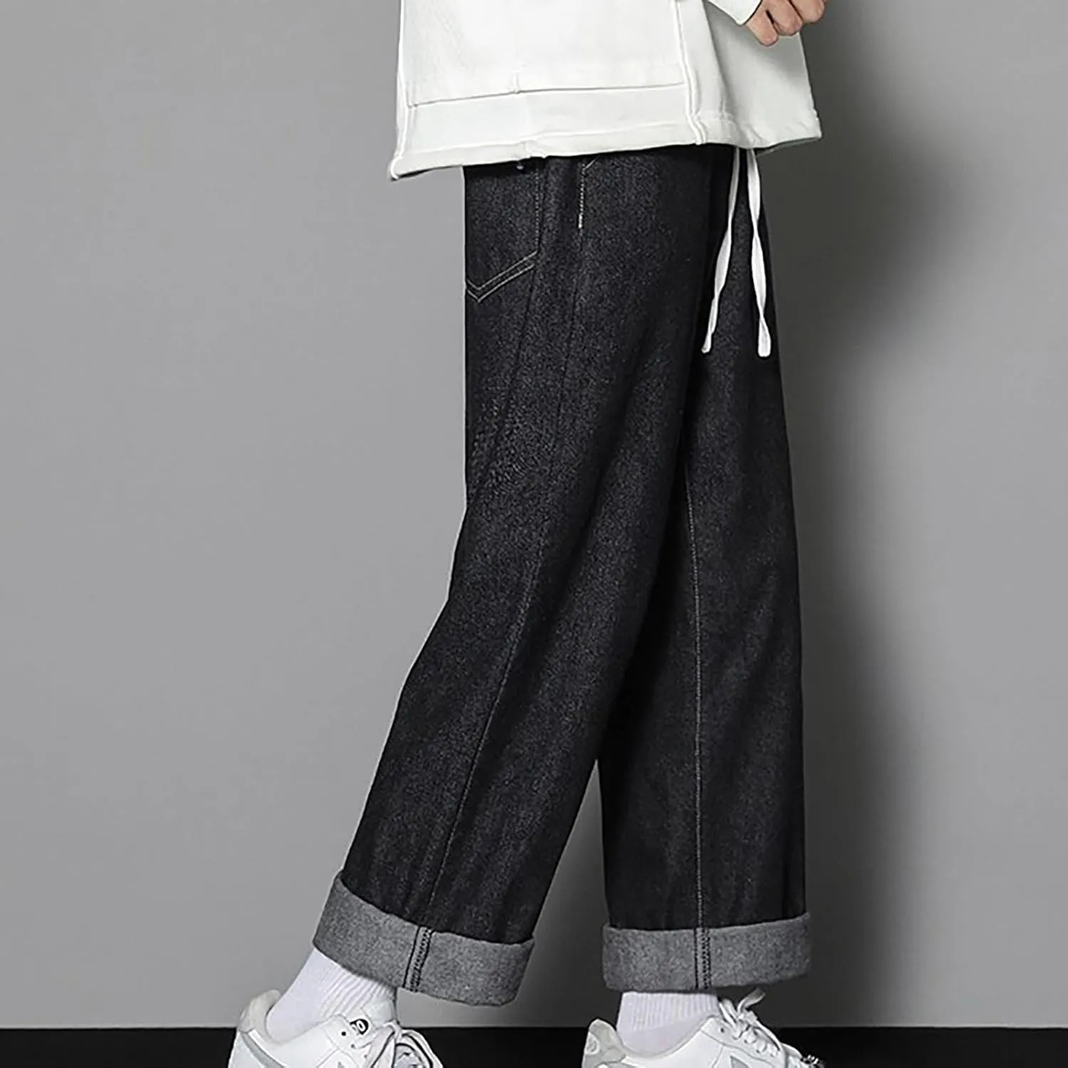 Finelylove Baggy Jeans Men Casual Loose Wide Leg Jeans Drawstring Elastic Waist Cotton Denim Pants 2024 Fashion