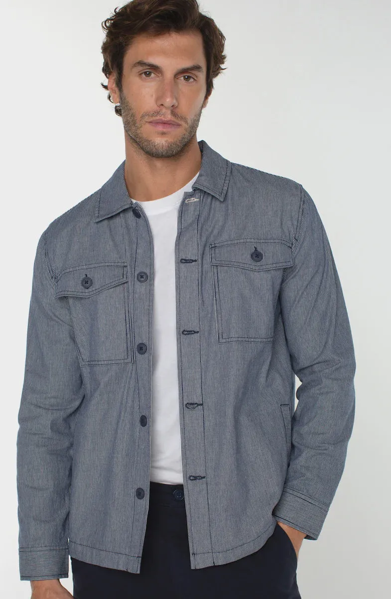 Flap Pocket Overshirt - Navy Ivory Stripe