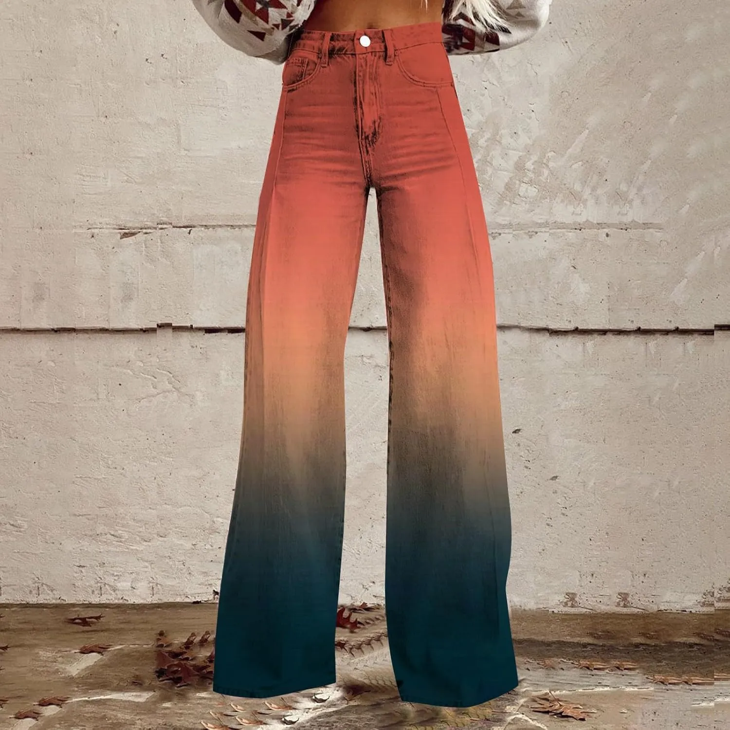 Flare Jeans for Women Wide Leg Jeans Woman Vintage Floral Print High Waisted Straight Stretch Pants with Pockets