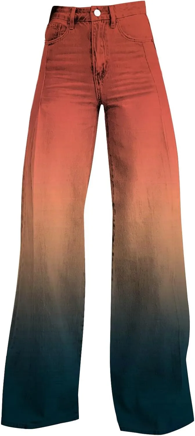 Flare Jeans for Women Wide Leg Jeans Woman Vintage Floral Print High Waisted Straight Stretch Pants with Pockets