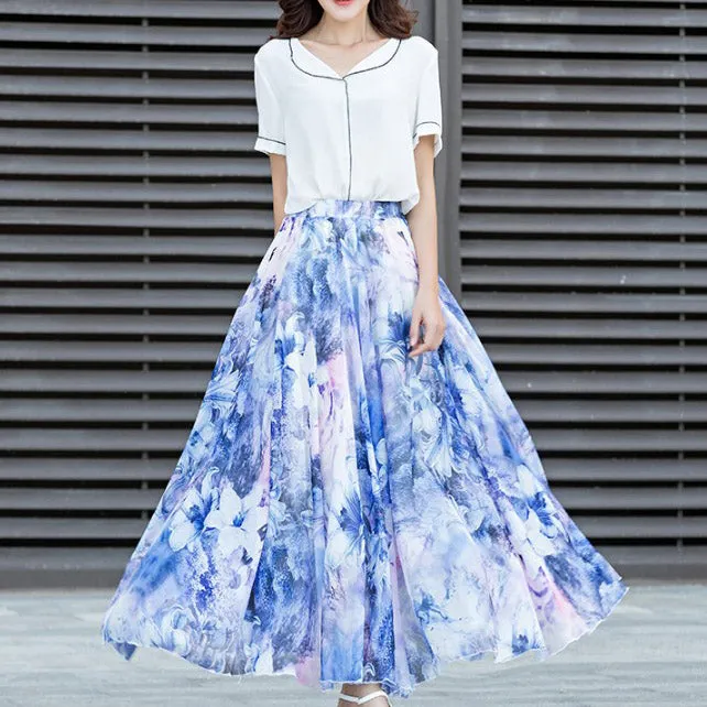 Floral Print High Waist Bohemian Chiffon Long Swing Beach Skirt