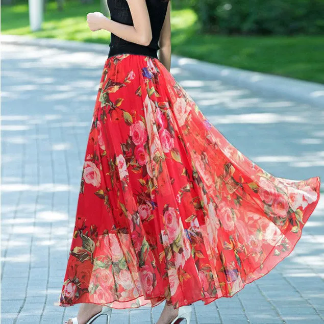 Floral Print High Waist Bohemian Chiffon Long Swing Beach Skirt