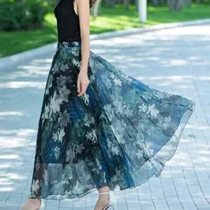 Floral Print High Waist Bohemian Chiffon Long Swing Beach Skirt