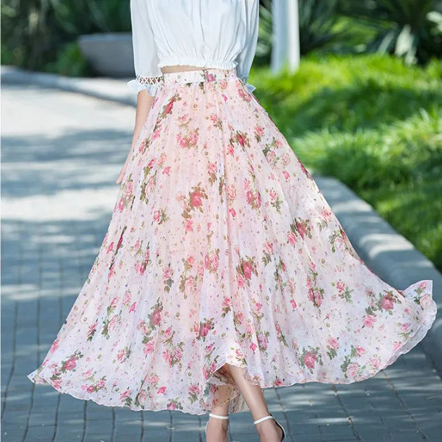 Floral Print High Waist Bohemian Chiffon Long Swing Beach Skirt