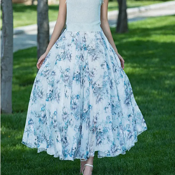 Floral Print High Waist Bohemian Chiffon Long Swing Beach Skirt