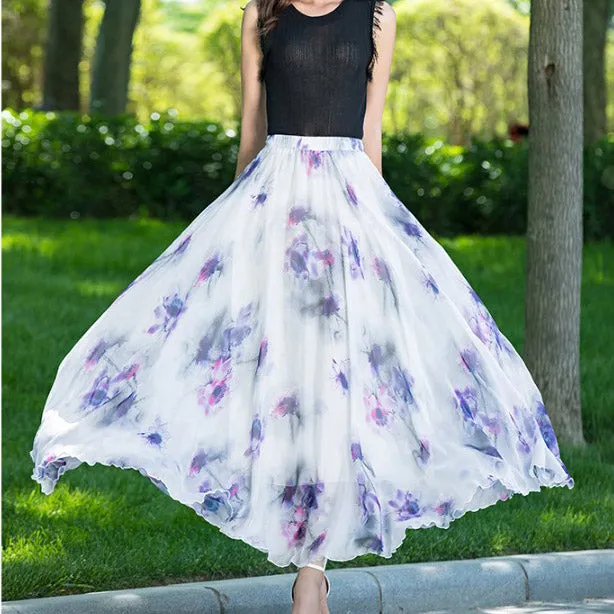 Floral Print High Waist Bohemian Chiffon Long Swing Beach Skirt