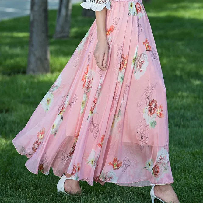 Floral Print High Waist Bohemian Chiffon Long Swing Beach Skirt