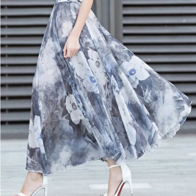 Floral Print High Waist Bohemian Chiffon Long Swing Beach Skirt