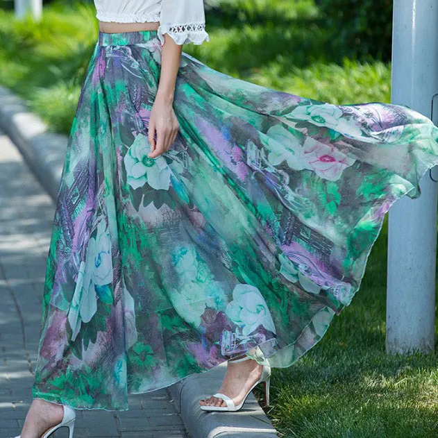 Floral Print High Waist Bohemian Chiffon Long Swing Beach Skirt