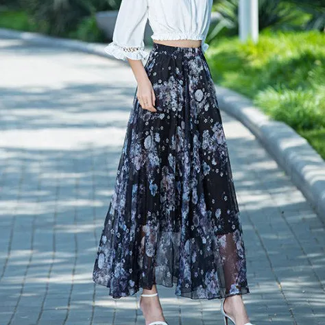 Floral Print High Waist Bohemian Chiffon Long Swing Beach Skirt