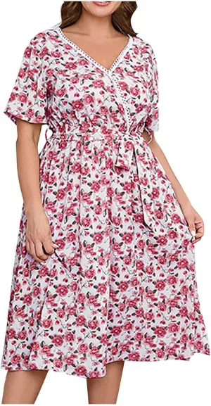 Floral Print V Neck Belted Midi Dress for Plus Size Women Short Sleeve Summer Casual Vacation Dress