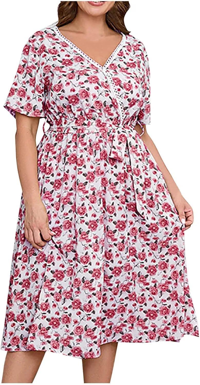 Floral Print V Neck Belted Midi Dress for Plus Size Women Short Sleeve Summer Casual Vacation Dress