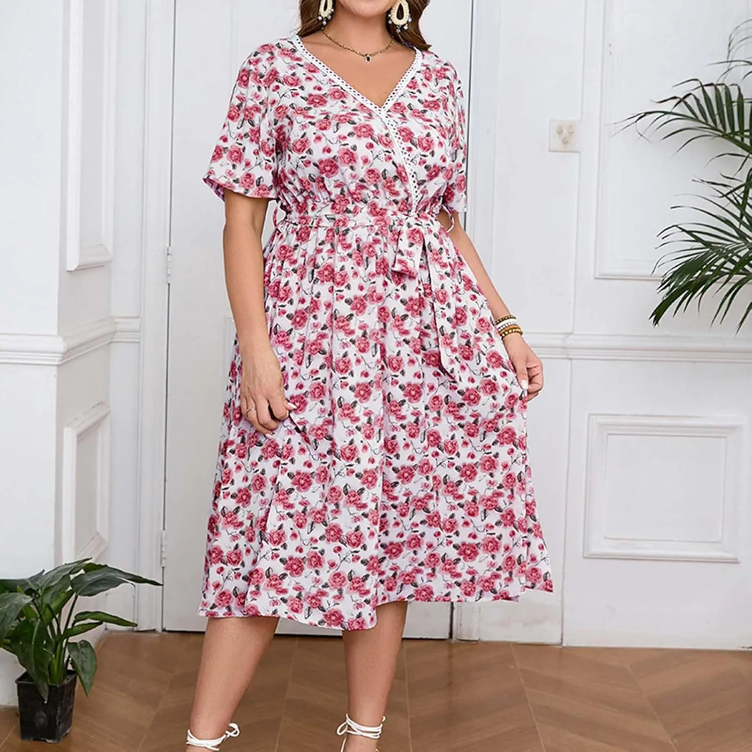 Floral Print V Neck Belted Midi Dress for Plus Size Women Short Sleeve Summer Casual Vacation Dress