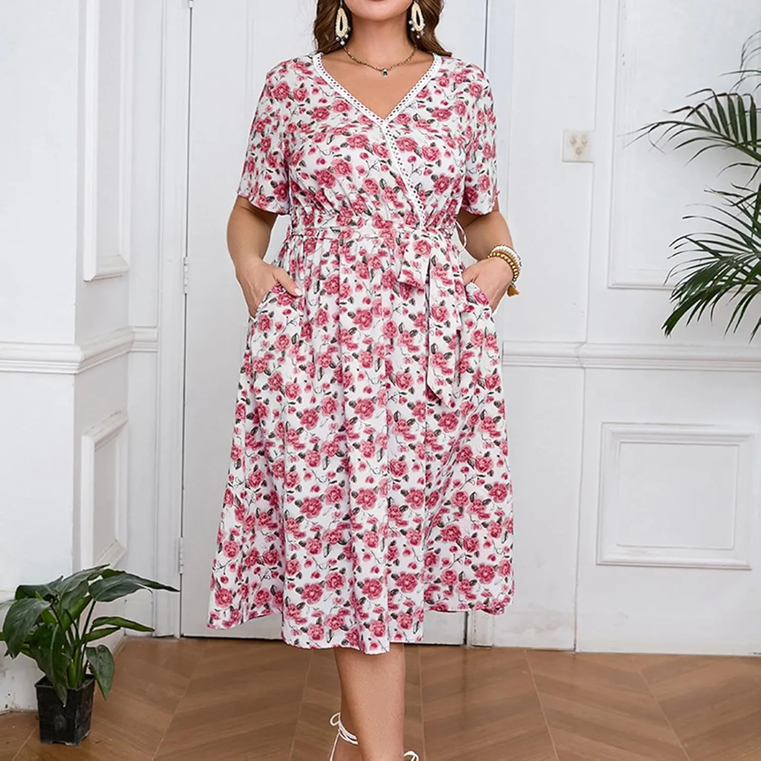 Floral Print V Neck Belted Midi Dress for Plus Size Women Short Sleeve Summer Casual Vacation Dress