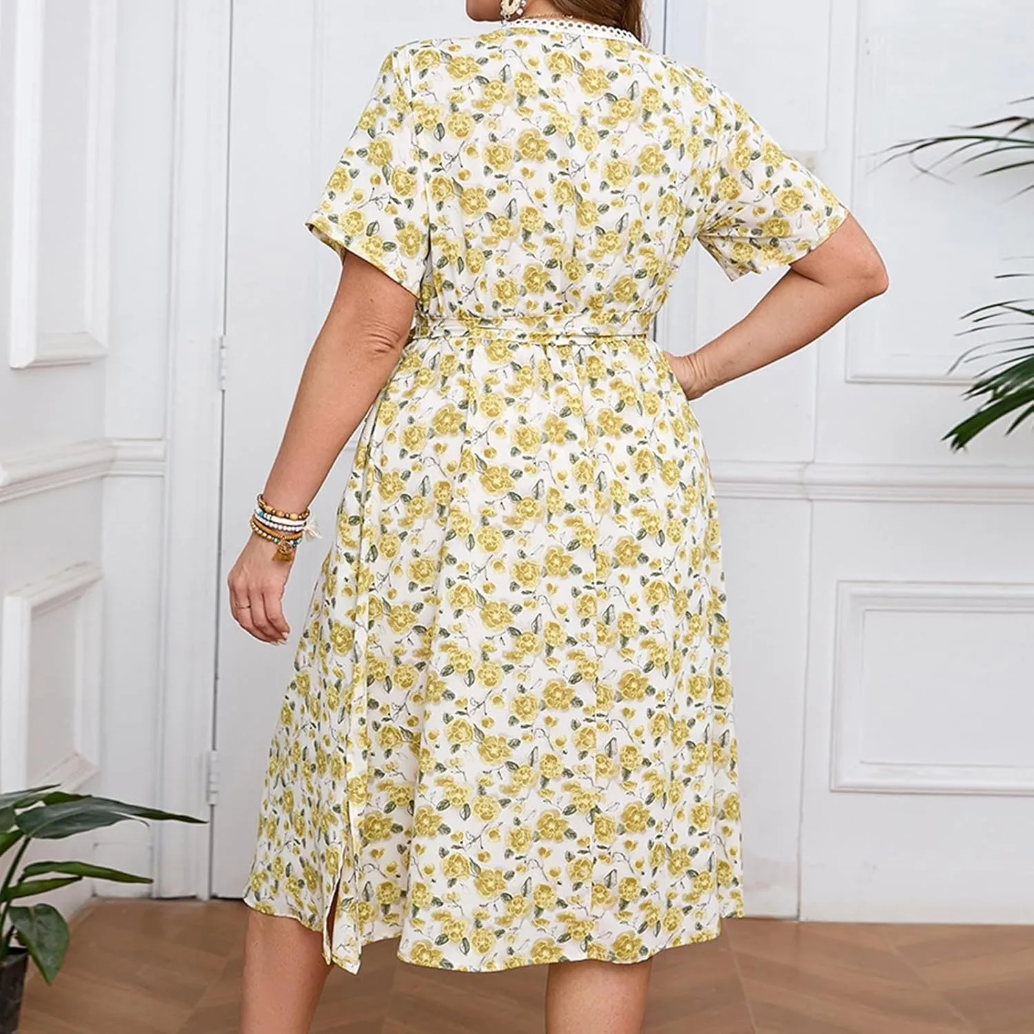 Floral Print V Neck Belted Midi Dress for Plus Size Women Short Sleeve Summer Casual Vacation Dress