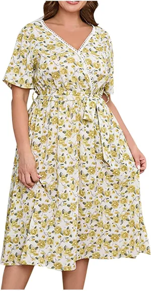 Floral Print V Neck Belted Midi Dress for Plus Size Women Short Sleeve Summer Casual Vacation Dress