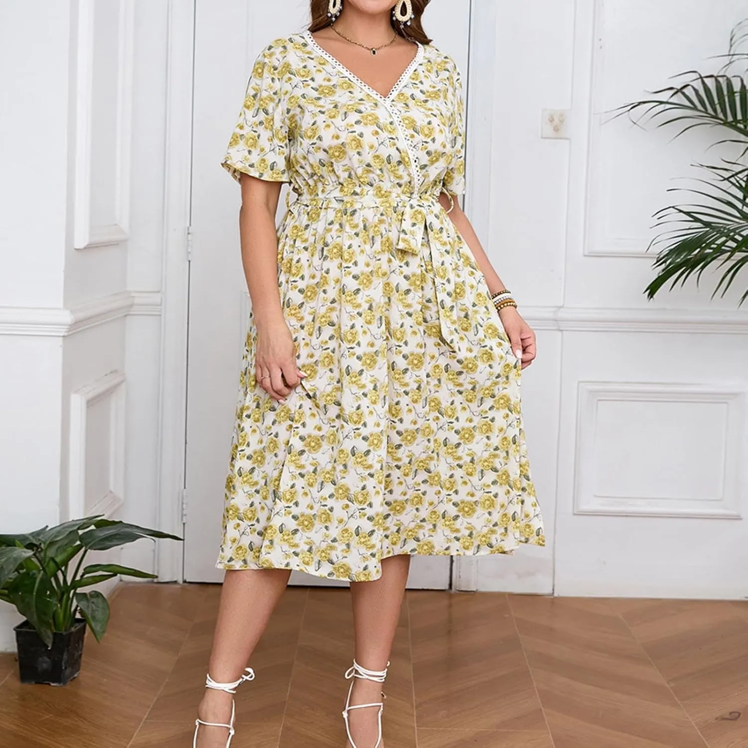 Floral Print V Neck Belted Midi Dress for Plus Size Women Short Sleeve Summer Casual Vacation Dress