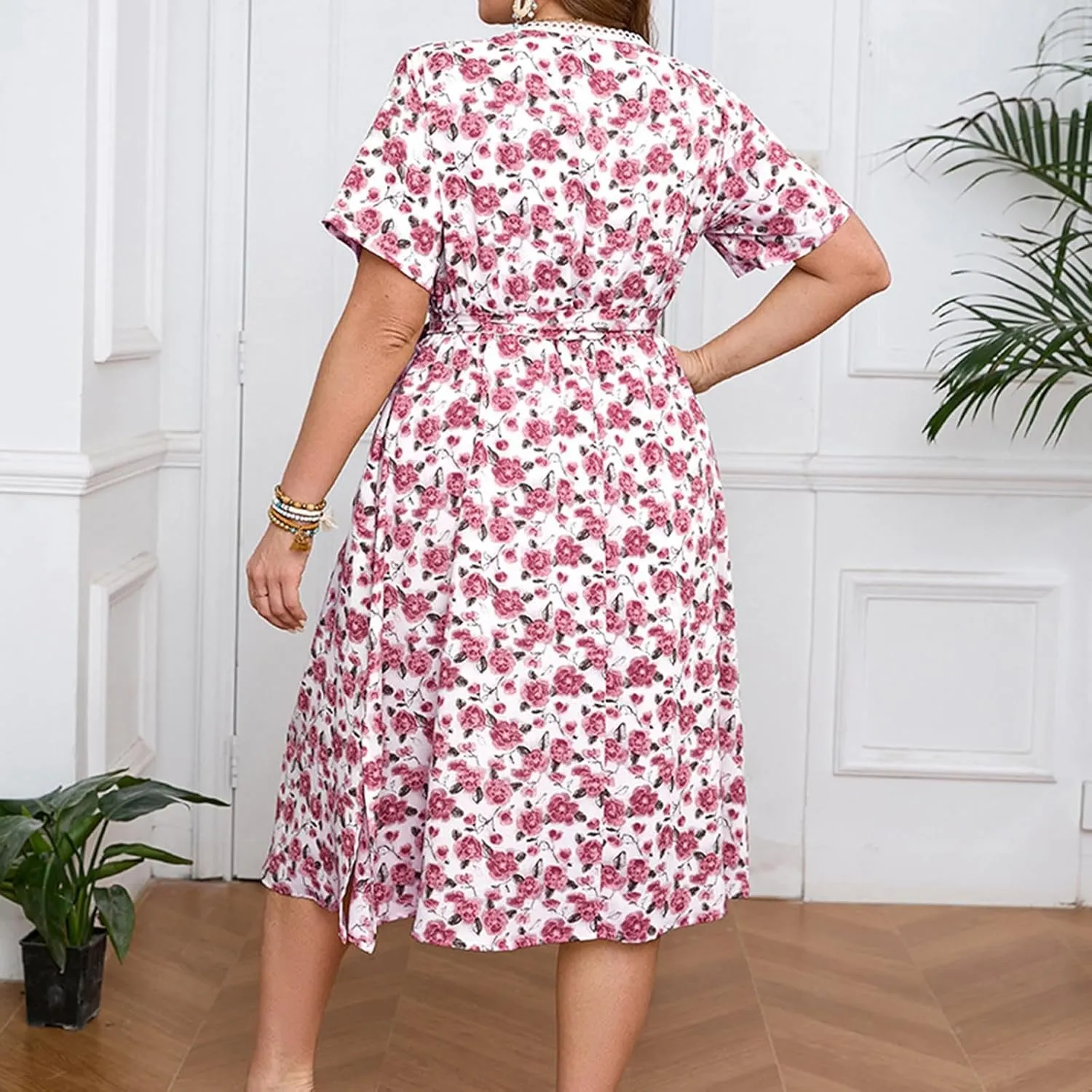 Floral Print V Neck Belted Midi Dress for Plus Size Women Short Sleeve Summer Casual Vacation Dress