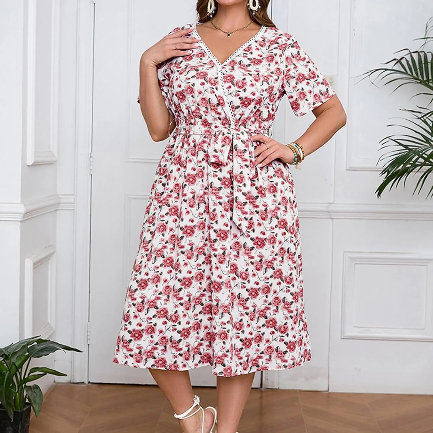 Floral Print V Neck Belted Midi Dress for Plus Size Women Short Sleeve Summer Casual Vacation Dress