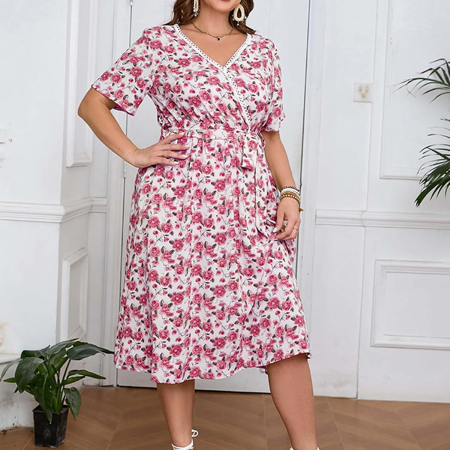 Floral Print V Neck Belted Midi Dress for Plus Size Women Short Sleeve Summer Casual Vacation Dress
