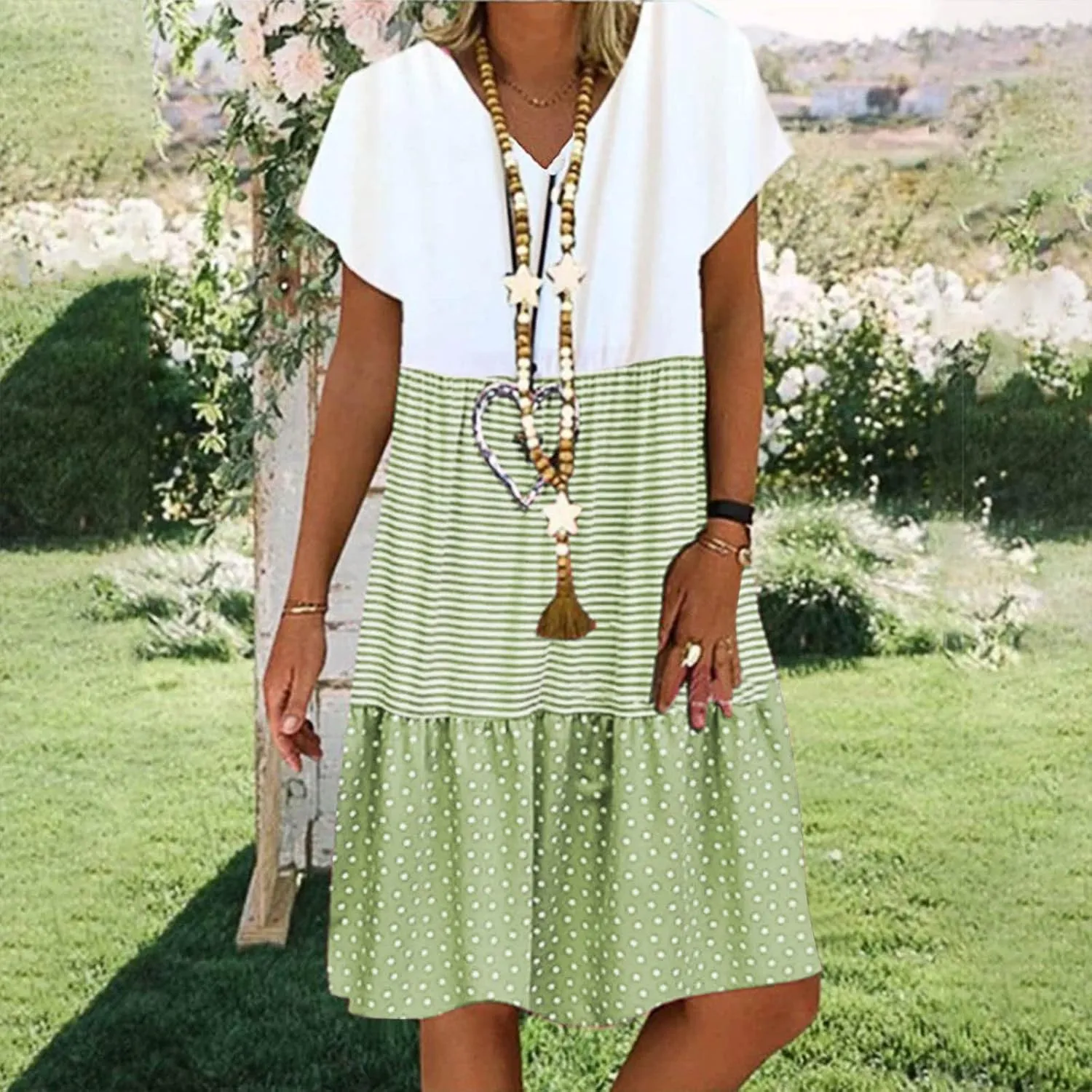 FZYLQY 2024 Plus Size Dress for Womens Polka Dot Striped Patchwork Tunic Dress Casual Summer Short Sleeve V Neck Sundresses