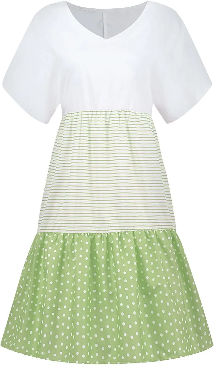 FZYLQY 2024 Plus Size Dress for Womens Polka Dot Striped Patchwork Tunic Dress Casual Summer Short Sleeve V Neck Sundresses