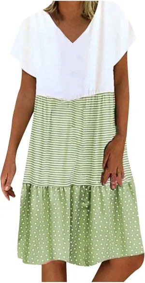 FZYLQY 2024 Plus Size Dress for Womens Polka Dot Striped Patchwork Tunic Dress Casual Summer Short Sleeve V Neck Sundresses
