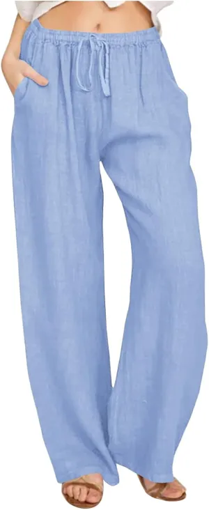 FZYLQY 2025 Women's Drawstring Waist Harem Pants Soft Cotton Linen Trousers with Pockets Loose Fit Casual Slacks for Summer