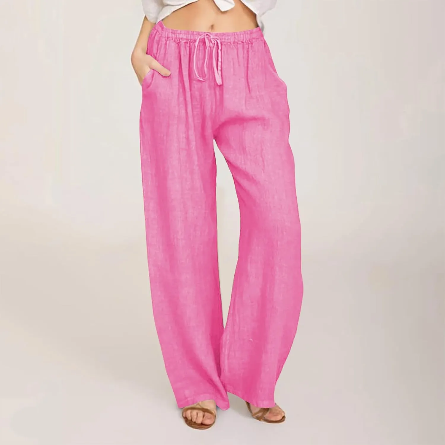 FZYLQY 2025 Women's Drawstring Waist Harem Pants Soft Cotton Linen Trousers with Pockets Loose Fit Casual Slacks for Summer