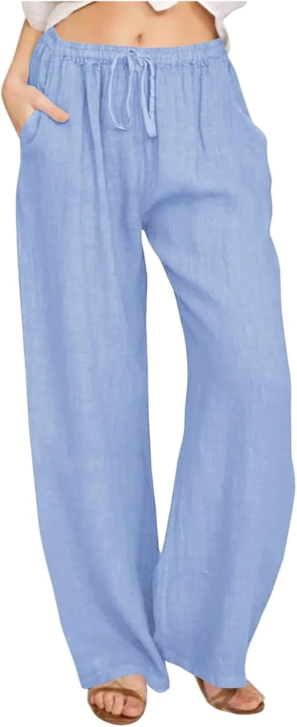 FZYLQY 2025 Women's Drawstring Waist Harem Pants Soft Cotton Linen Trousers with Pockets Loose Fit Casual Slacks for Summer