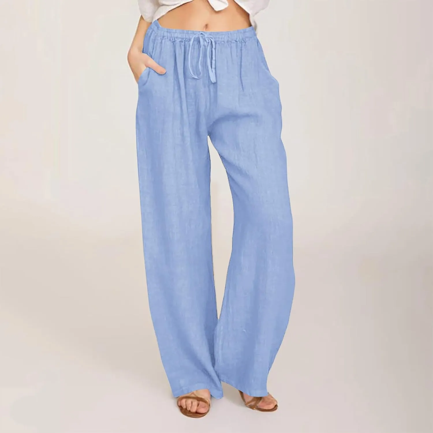 FZYLQY 2025 Women's Drawstring Waist Harem Pants Soft Cotton Linen Trousers with Pockets Loose Fit Casual Slacks for Summer