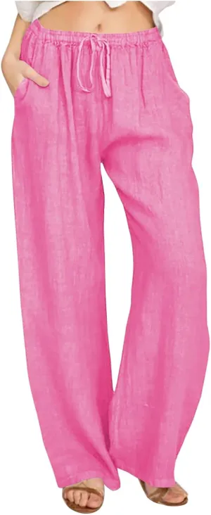FZYLQY 2025 Women's Drawstring Waist Harem Pants Soft Cotton Linen Trousers with Pockets Loose Fit Casual Slacks for Summer
